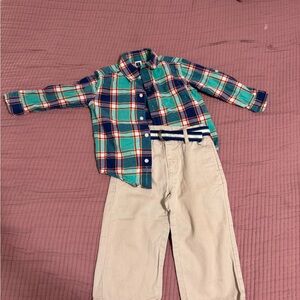 Janie and Jack Green Plaid Button Down Shirt with Beige Pants